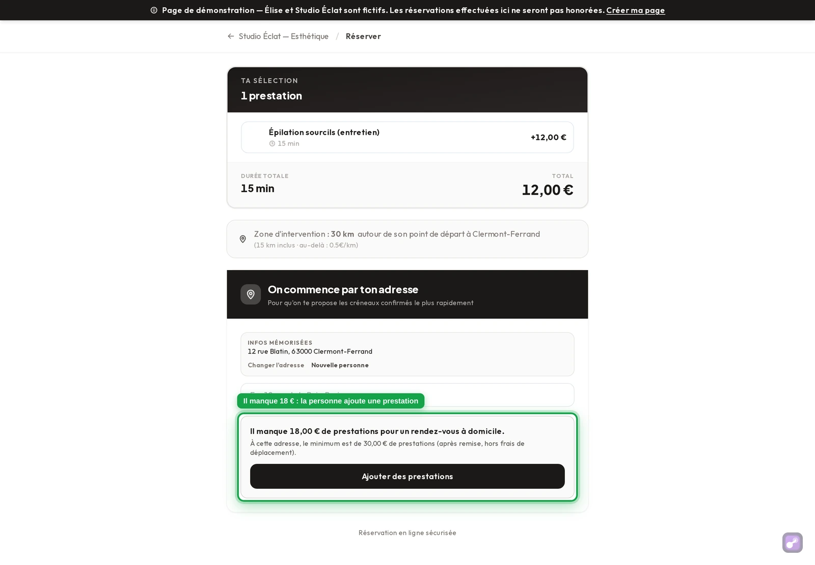 Réservation : « Il manque 18,00 € de prestations pour un rendez-vous à domicile », avec le bouton « Ajouter des prestations »