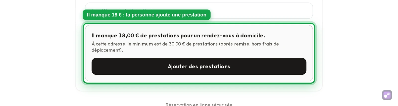 Le message du minimum et le bouton « Ajouter des prestations », en gros plan