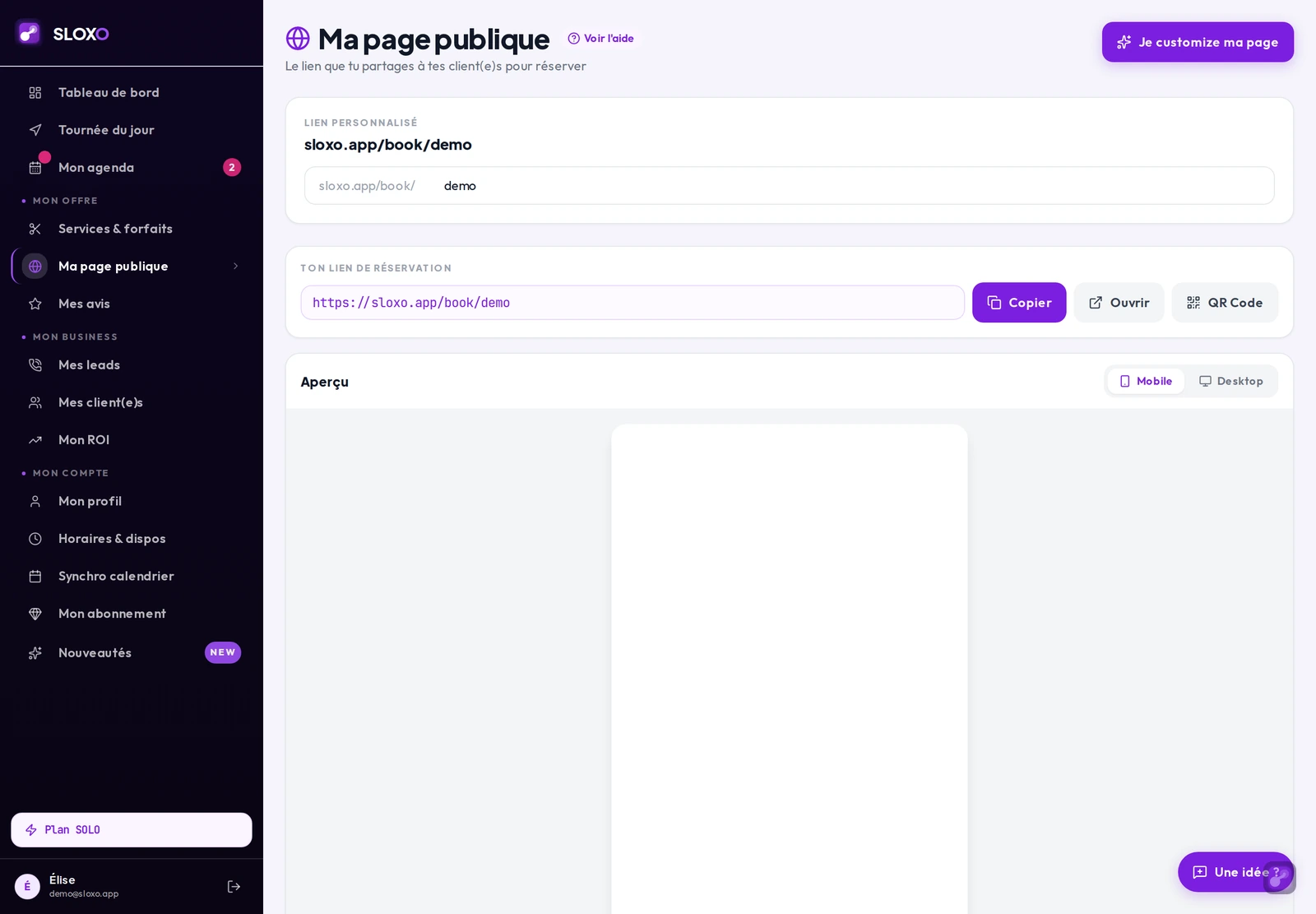 La page « Ma page publique » : l'aperçu de ce que voient les client(e)s, et le lien à partager