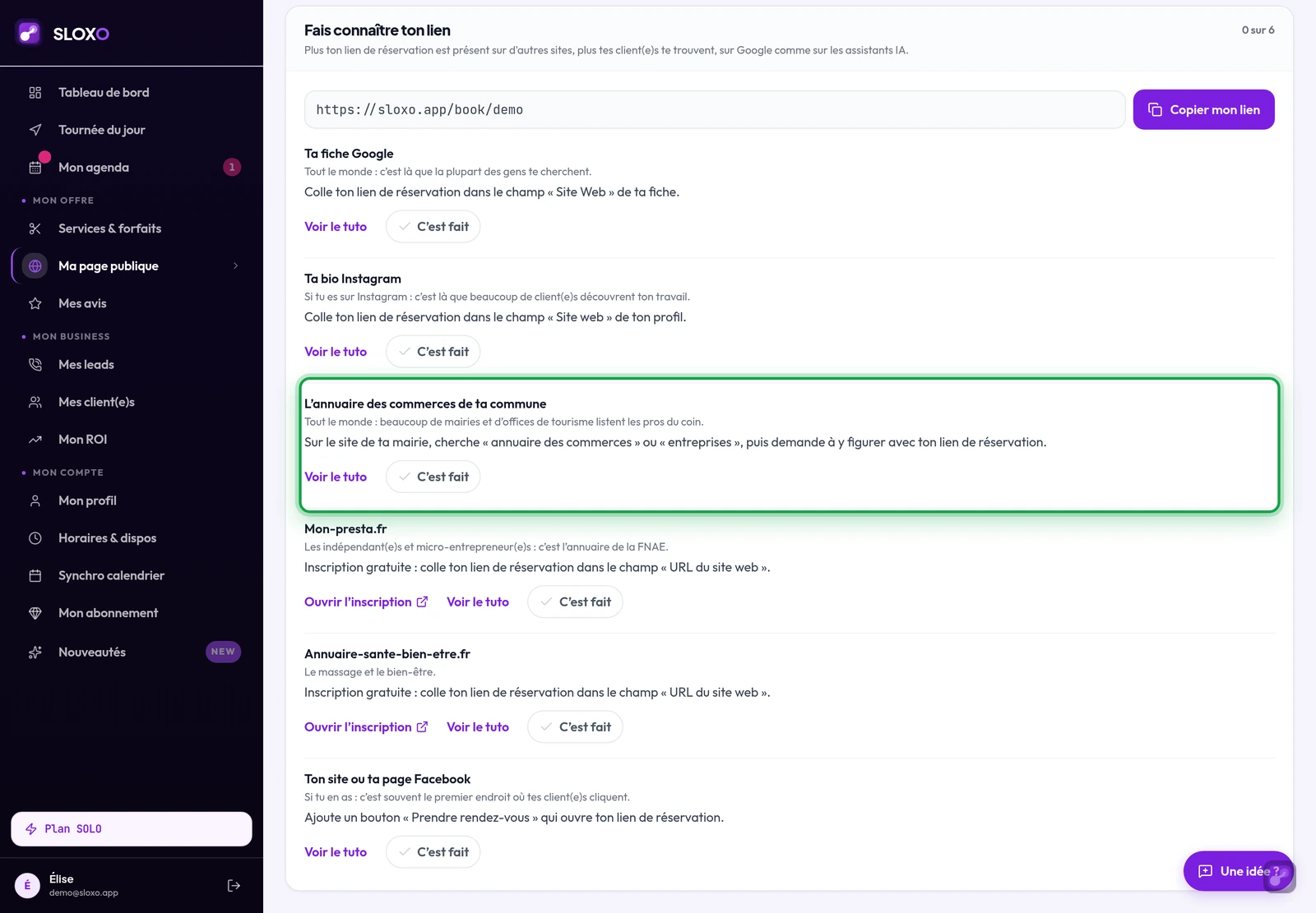 Ma page publique : la carte « Fais connaître ton lien », avec la ligne « L'annuaire des commerces de ta commune » encadrée