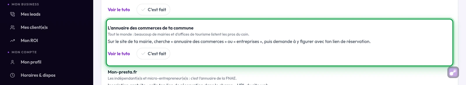 La ligne « L'annuaire des commerces de ta commune » en gros plan, avec son bouton « C'est fait »