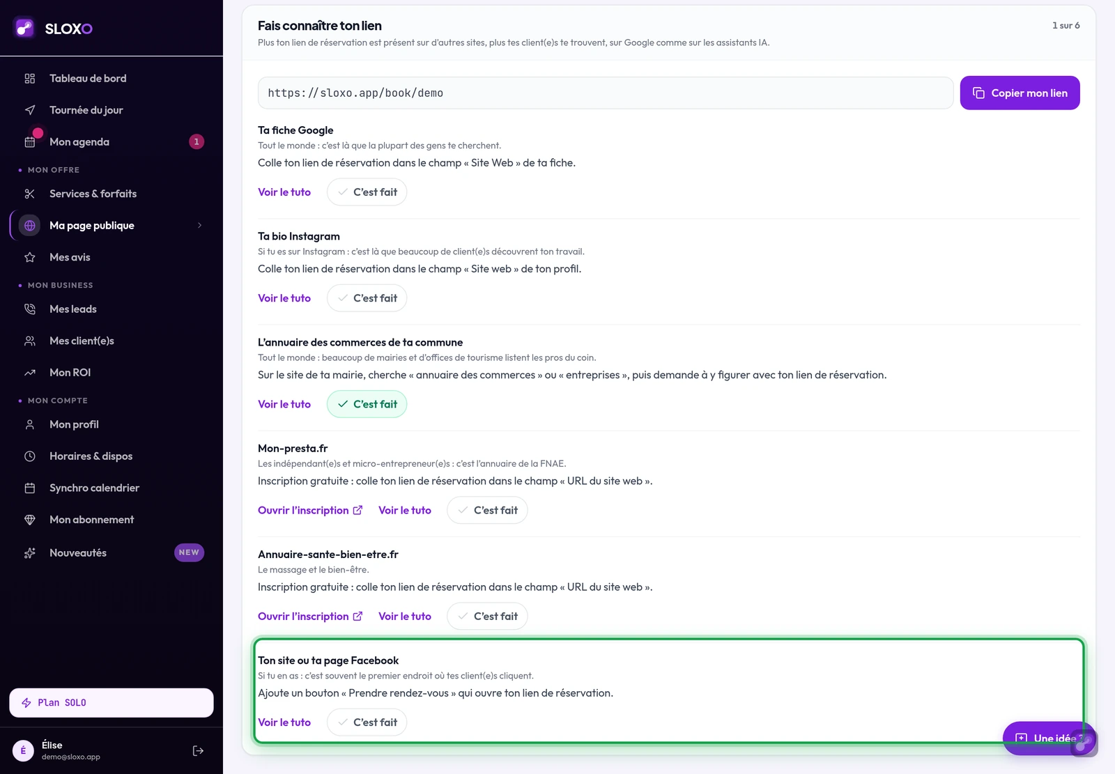 La carte « Fais connaître ton lien » avec la ligne « Ton site ou ta page Facebook » encadrée