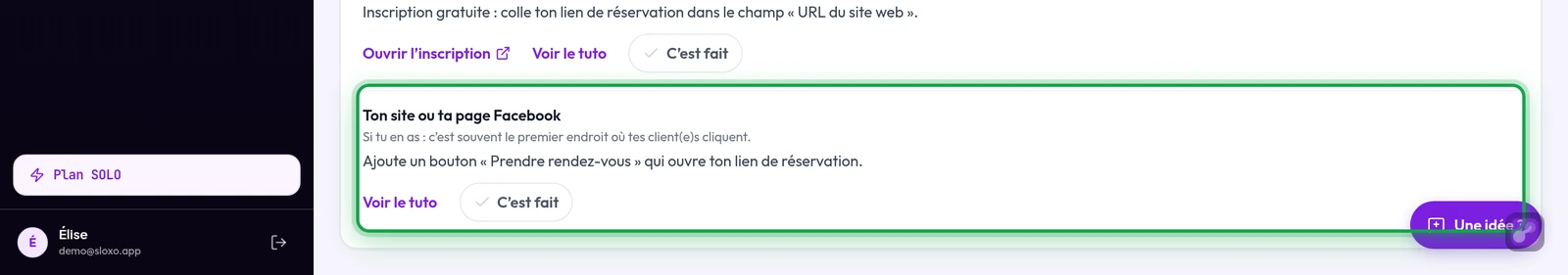 La ligne « Ton site ou ta page Facebook » en gros plan, avec son bouton « C'est fait »