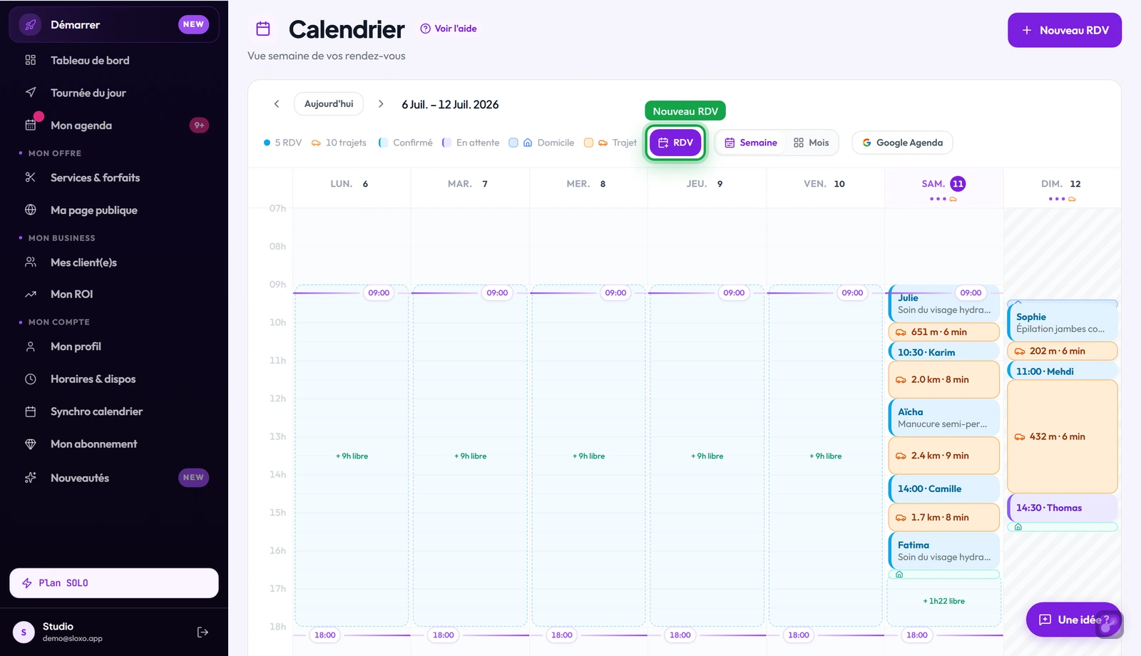 La vue Calendrier avec les RDV de la semaine et le bouton Nouveau RDV en haut à droite