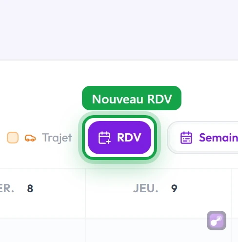 Gros plan sur le bouton Nouveau RDV dans la barre du calendrier