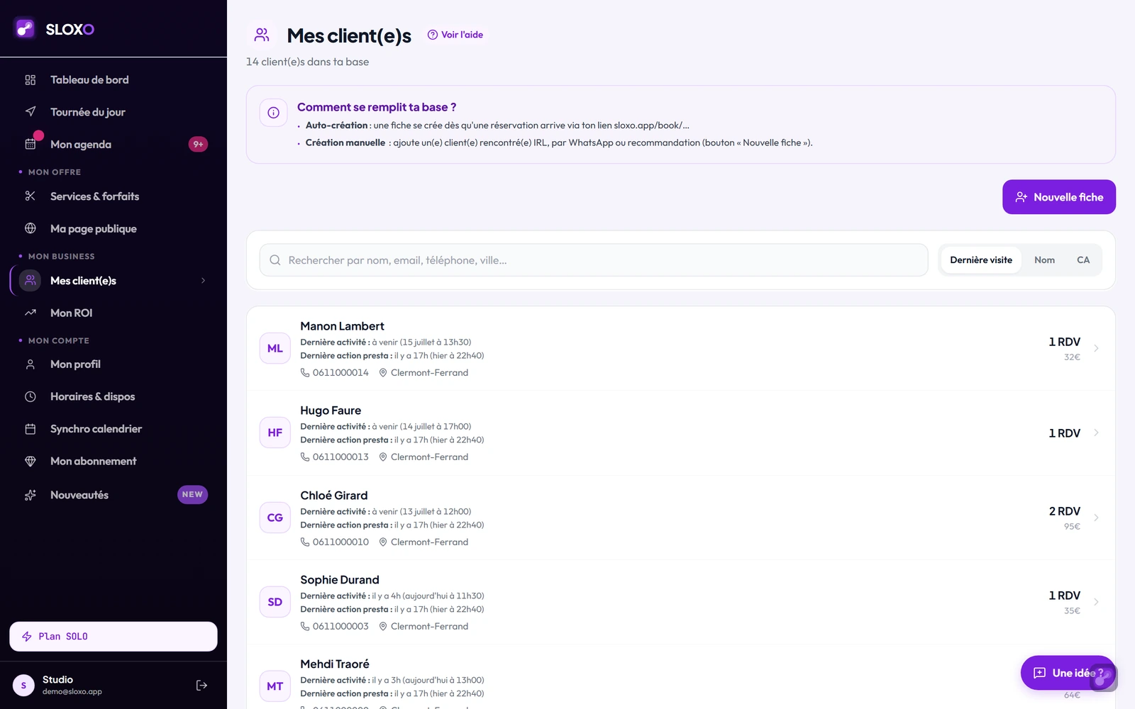 La page Mes client(e)s : la barre de recherche, le tri (dernière visite / nom / CA), le bouton « Nouvelle fiche » et la liste des fiches avec activité, téléphone et ville