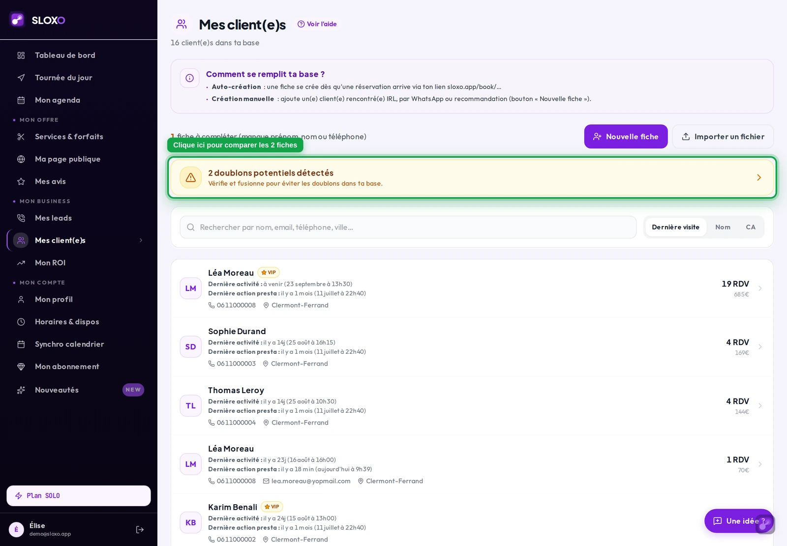 La page Mes client(e)s avec la bannière ambre « 2 doublons potentiels détectés », juste au-dessus de la barre de recherche