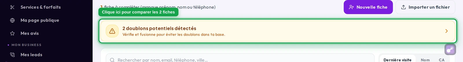 Gros plan sur la bannière ambre « 2 doublons potentiels détectés » et son sous-titre « Vérifie et fusionne pour éviter les doublons dans ta base »