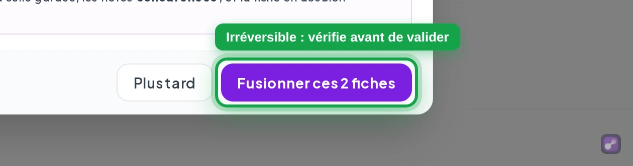 Gros plan sur le bouton « Fusionner ces 2 fiches »