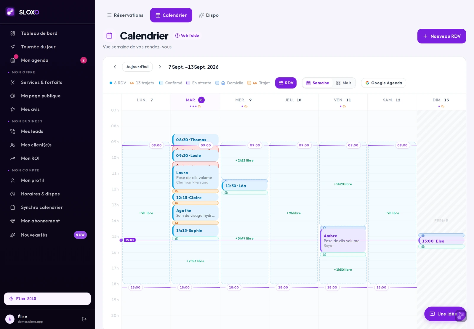 La vue calendrier de la semaine : chaque rendez-vous confirmé a déclenché ses emails automatiques