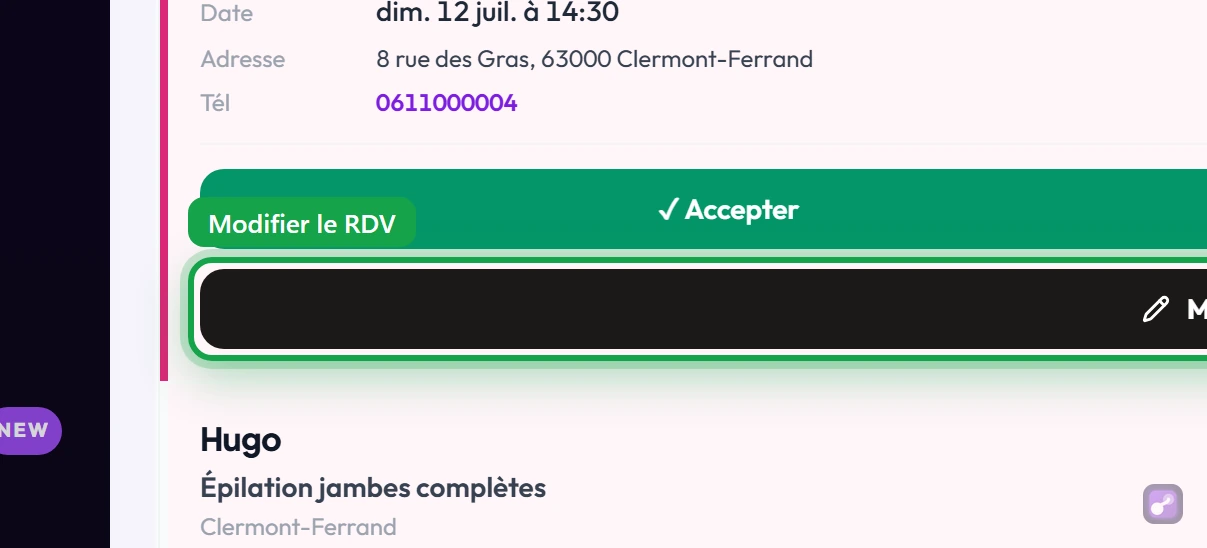Gros plan sur le bouton « Modifier le RDV »