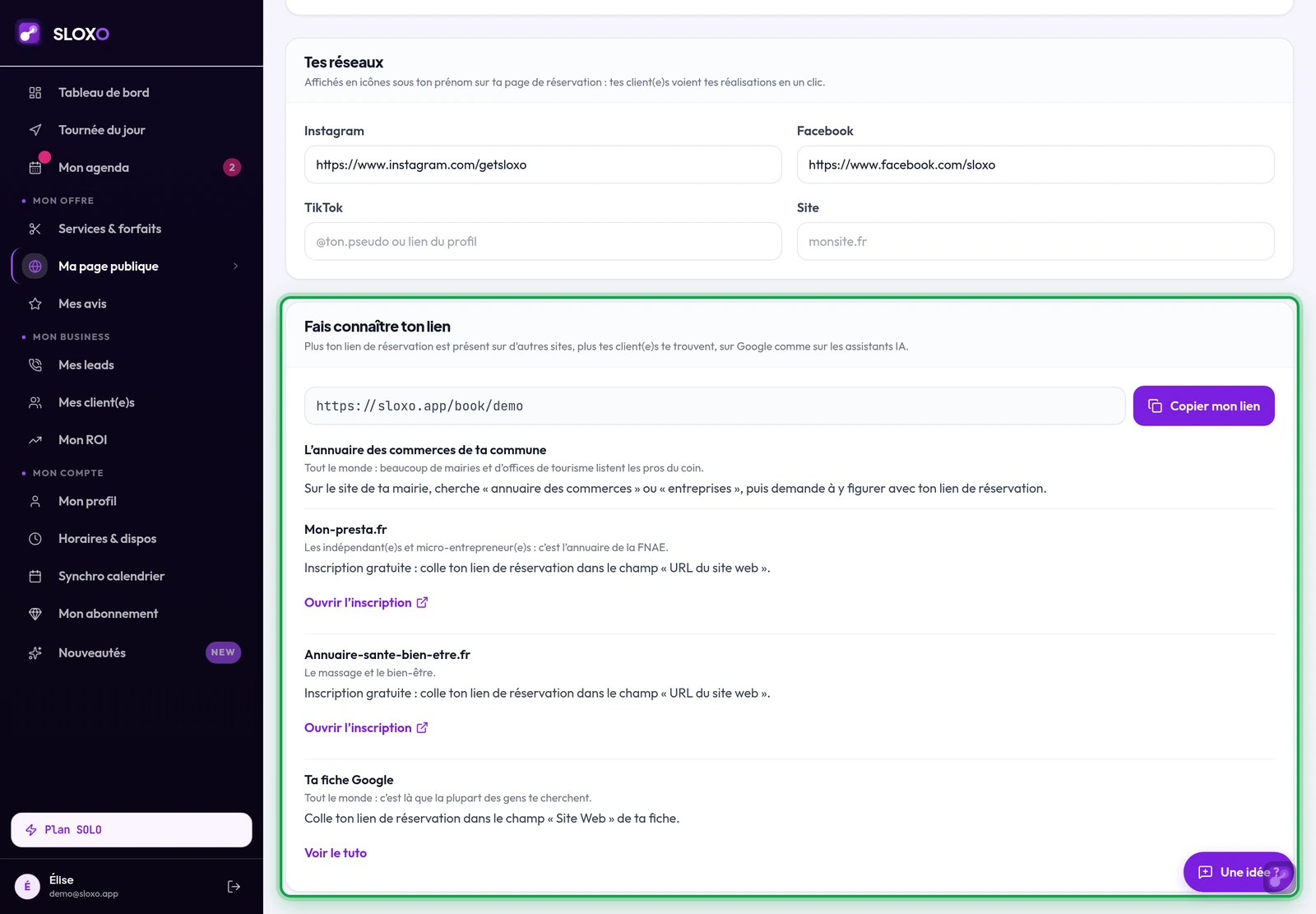 Ma page publique : la carte « Fais connaître ton lien », avec ton lien de réservation, le bouton « Copier mon lien » et la liste des annuaires
