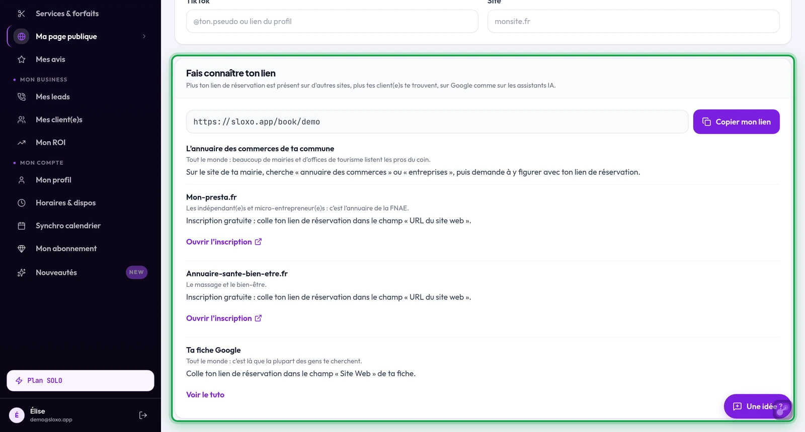 La carte « Fais connaître ton lien » en gros plan : annuaire de ta commune, Mon-presta.fr, Annuaire-sante-bien-etre.fr et fiche Google