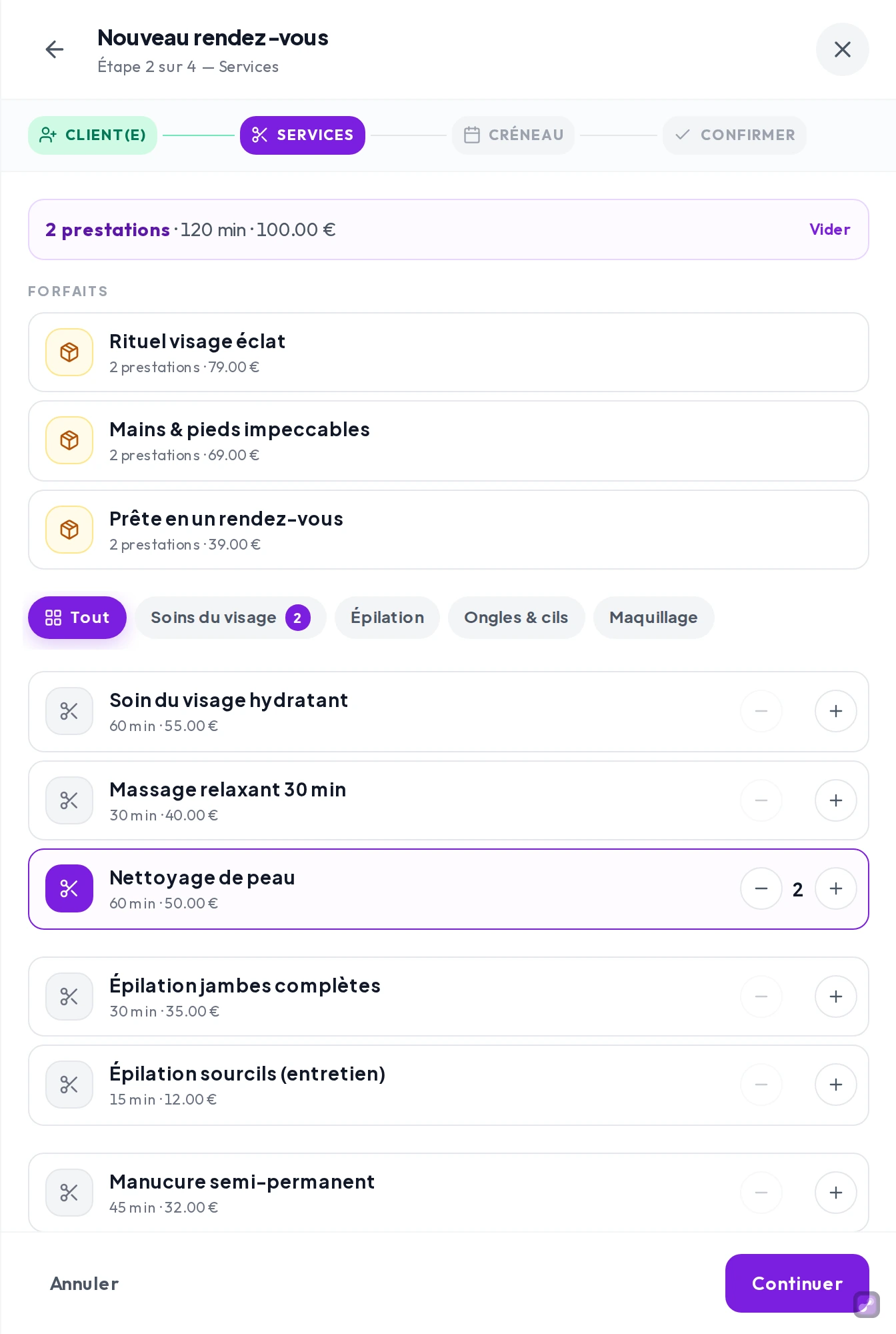 Un nettoyage de peau en quantité 2, le récap affiche 2 prestations, 120 min et 100,00 €