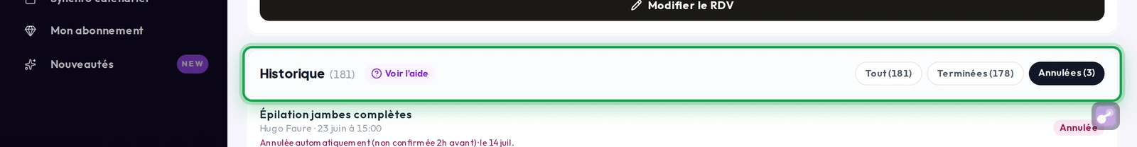 Gros plan sur les filtres Tout / Terminées / Annulées de l’Historique