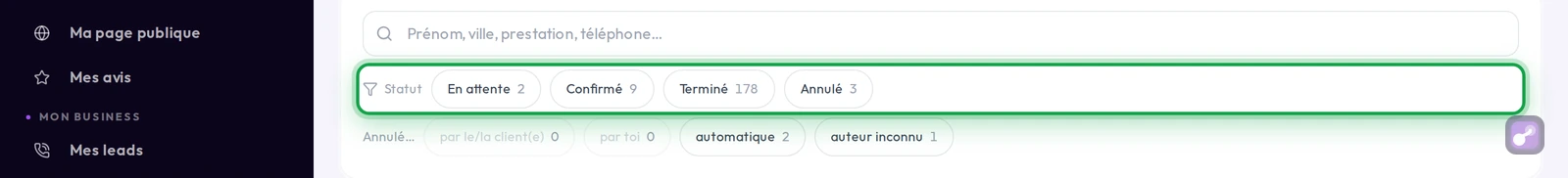 Gros plan sur les filtres de statut : En attente, Confirmé, Terminé, Annulé, chacun avec son nombre de RDV