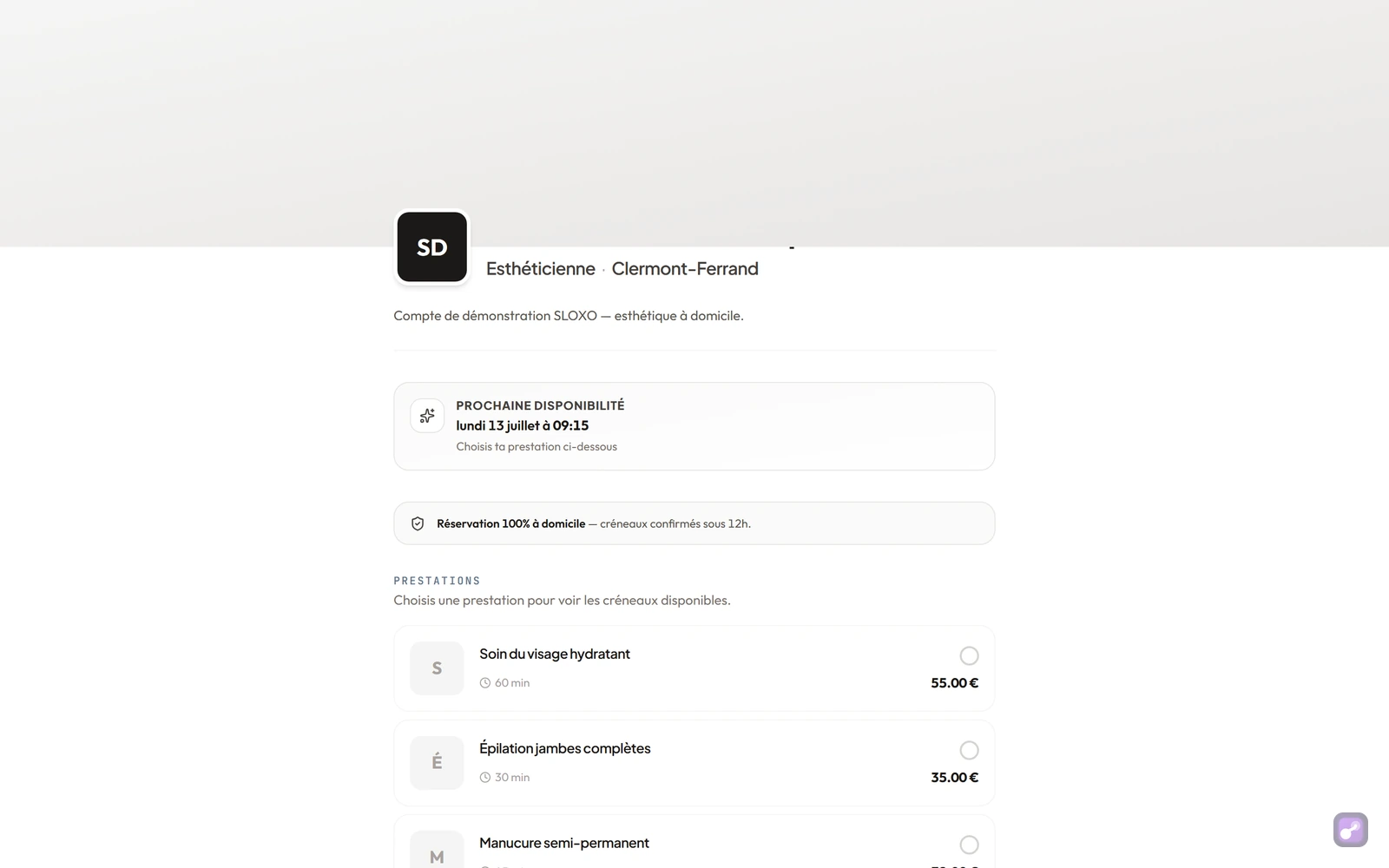 Ta page de réservation publique telle que tes client(e)s la voient : couverture, prestations et prix