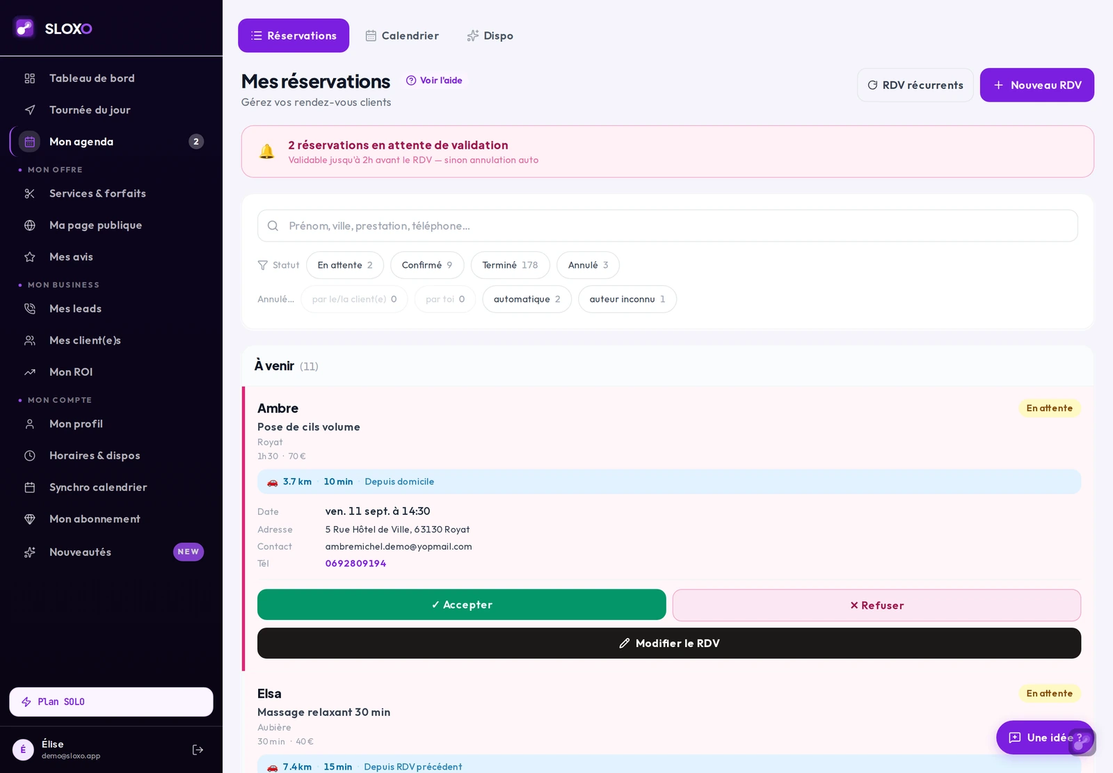 L'adresse complète du/de la client(e) apparaît sur la fiche du rendez-vous, avant même de confirmer