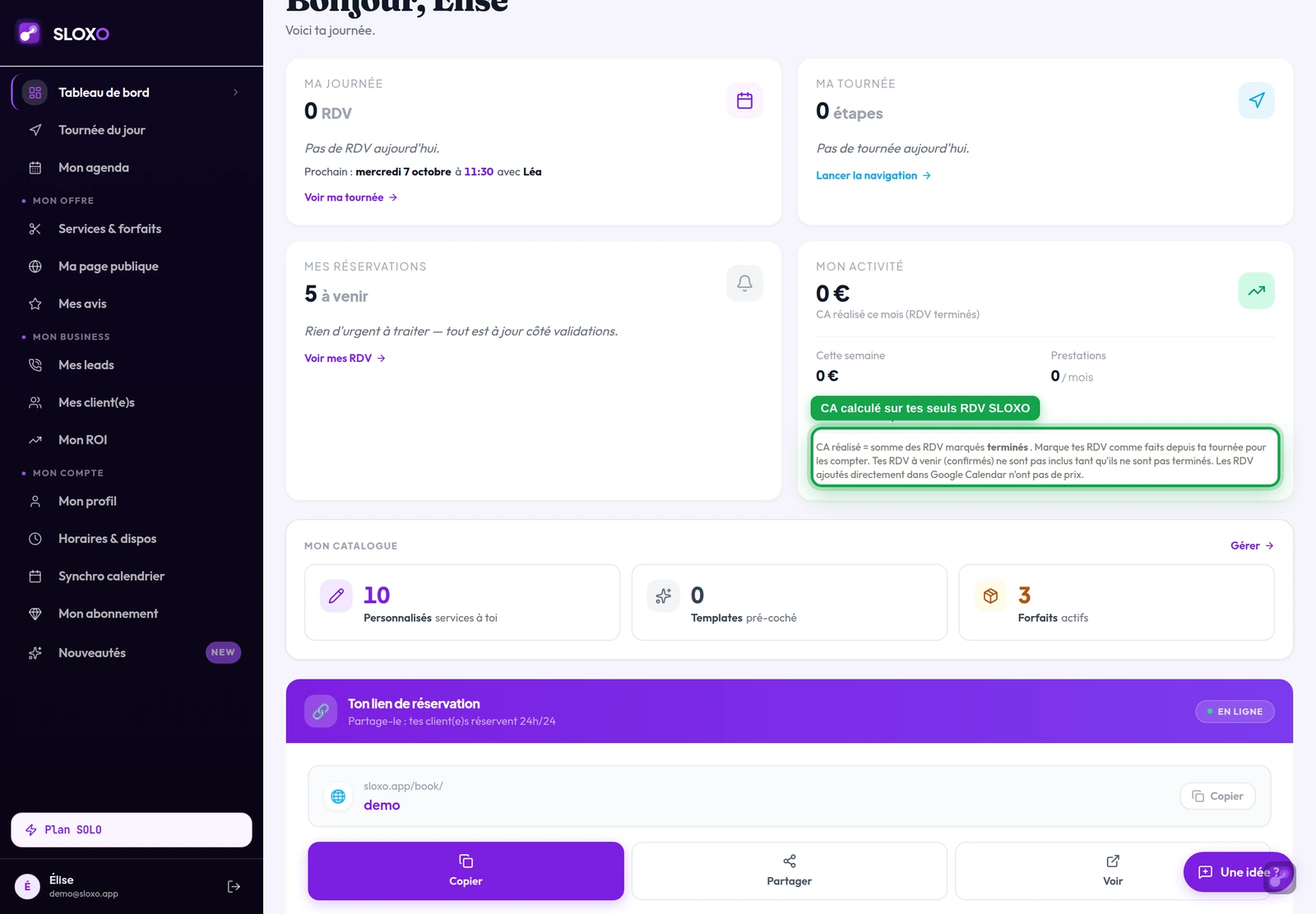 Tableau de bord, widget « Mon activité » : la note qui précise que les RDV ajoutés dans Google Calendar n'ont pas de prix