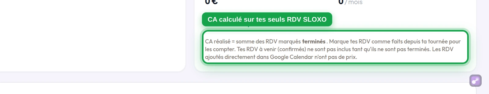 Tableau de bord, widget « Mon activité » : la note qui précise que les RDV ajoutés dans Google Calendar n'ont pas de prix, en gros plan