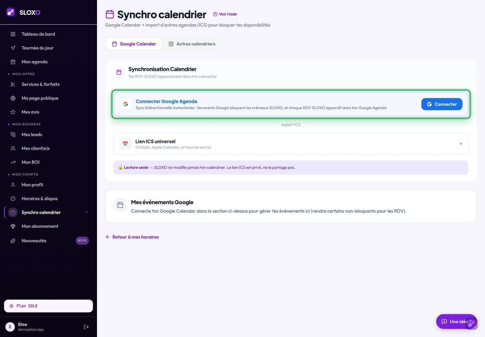 Synchro calendrier : la carte « Connecter Google Agenda » et son bouton Connecter