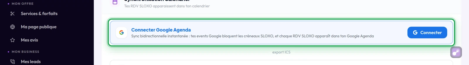 Synchro calendrier : la carte « Connecter Google Agenda » et son bouton Connecter, en gros plan