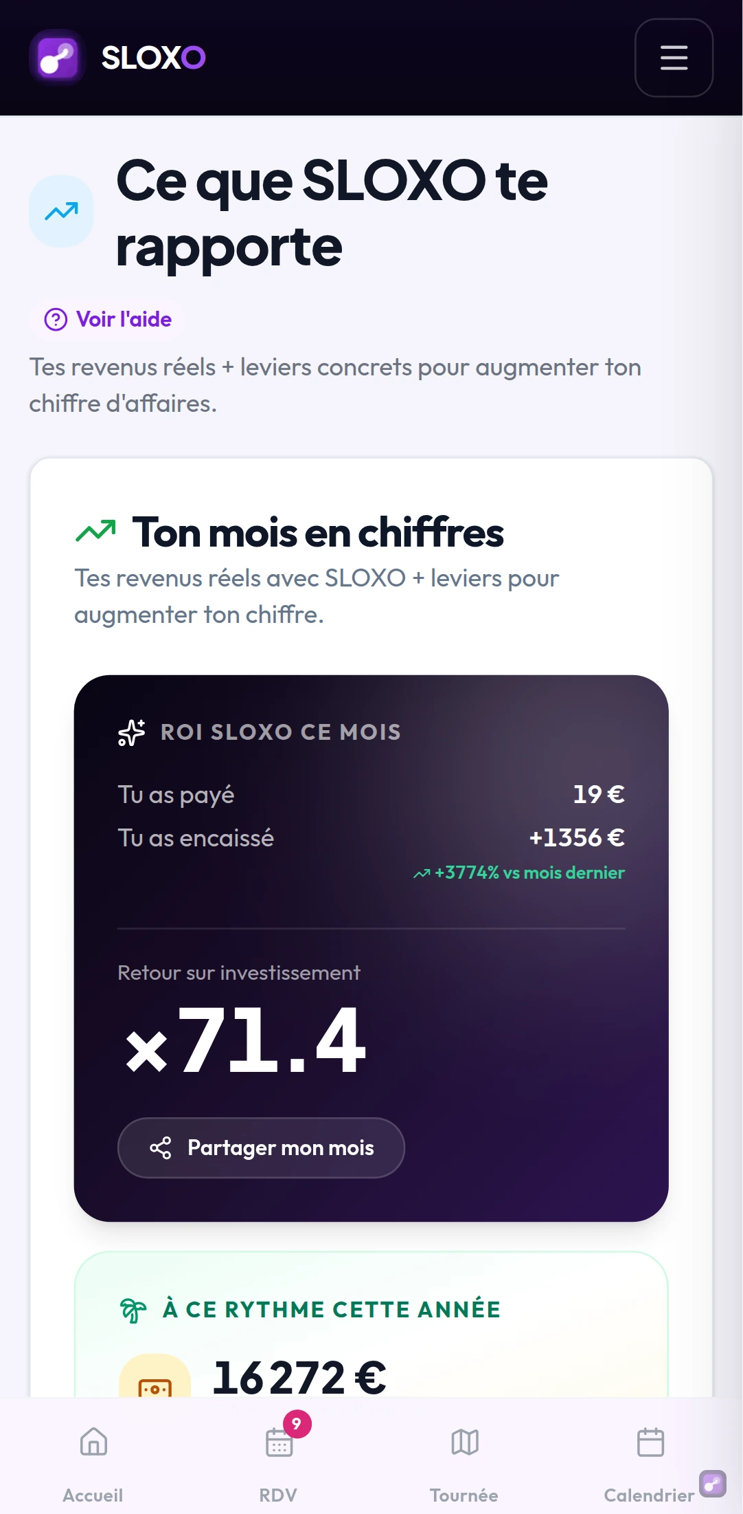 La même page ROI sur téléphone : les cartes passent les unes sous les autres, les chiffres restent lisibles sans zoomer