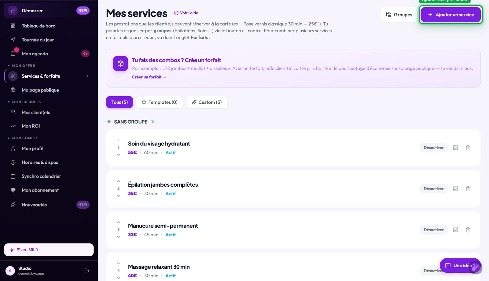 La page Services & forfaits avec le bouton Ajouter un service en haut à droite