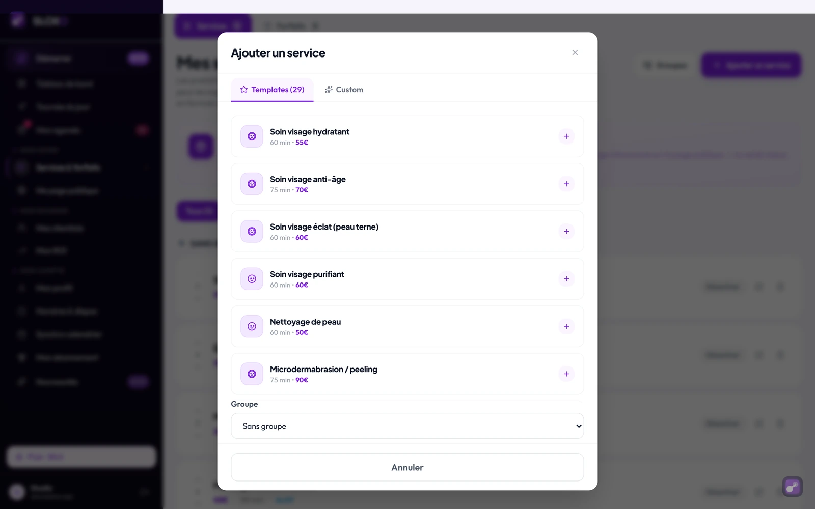 La modale d'ajout, onglet Templates : la liste des services pré-configurés à ajouter en un clic