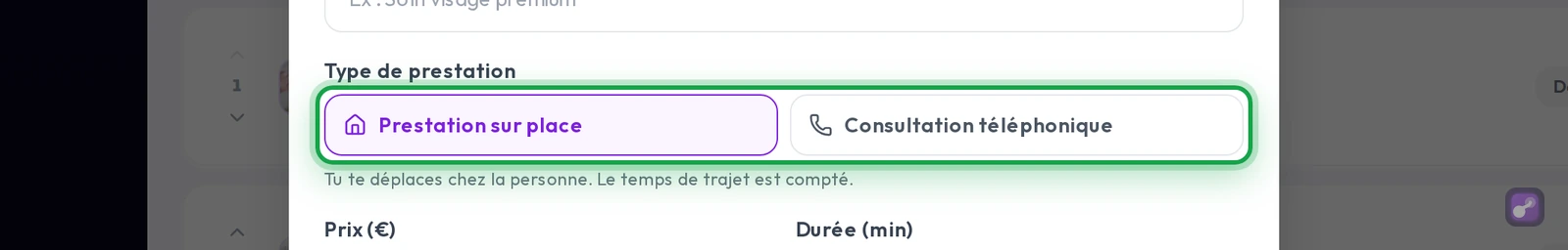 Gros plan sur le choix « Type de prestation » : Prestation sur place ou Consultation téléphonique