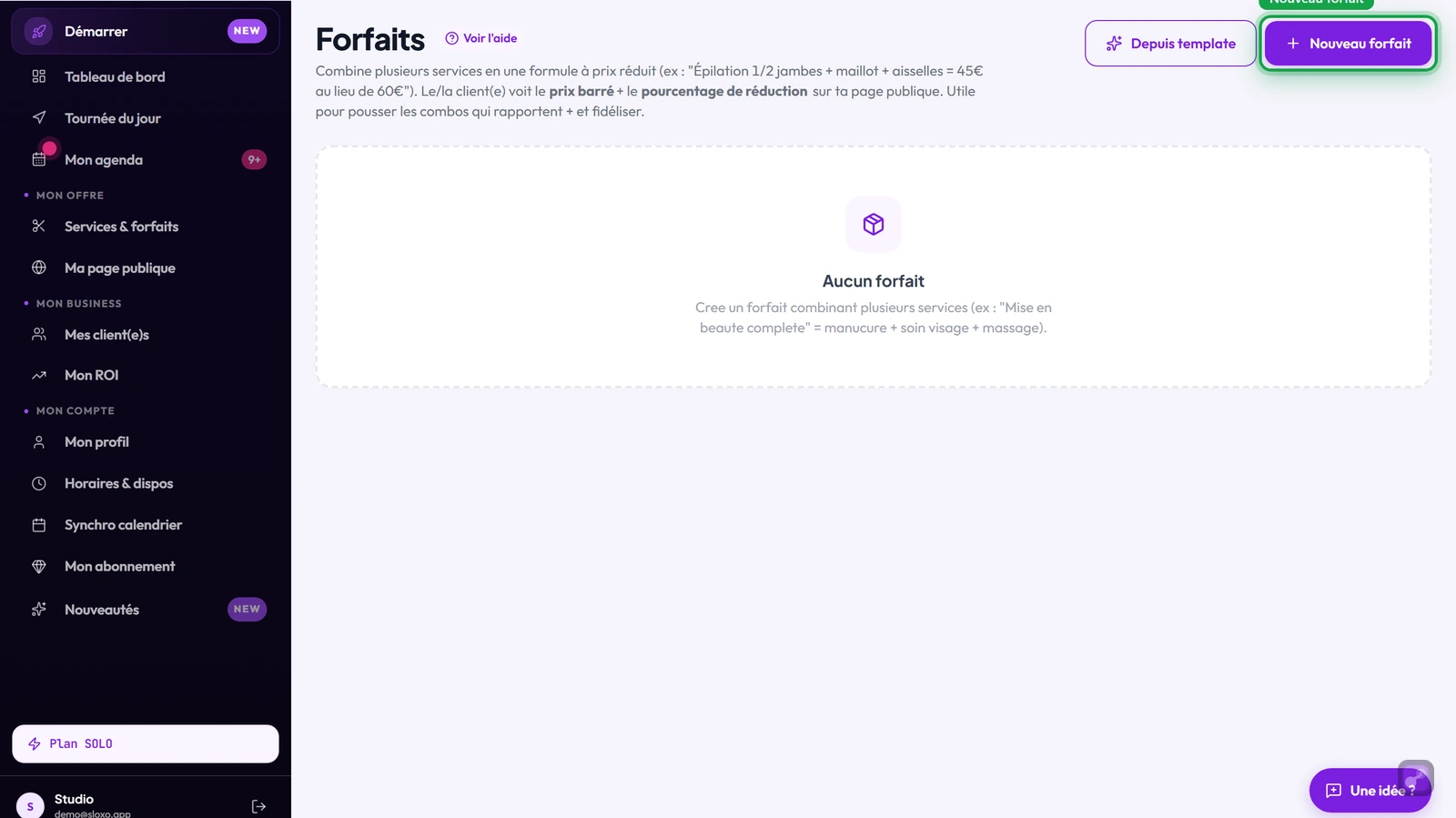 L'onglet Forfaits avec le bouton Nouveau forfait en haut à droite