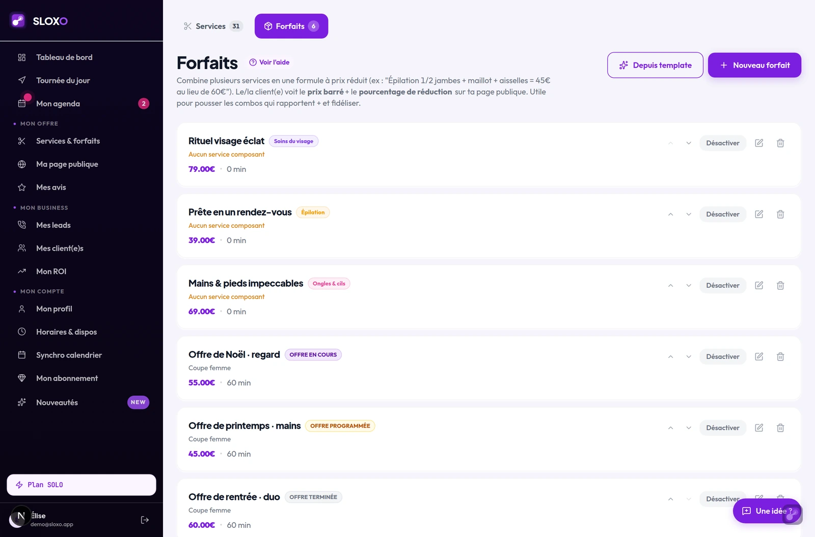 La liste des forfaits : une pastille indique si l'offre est programmée, en cours ou terminée