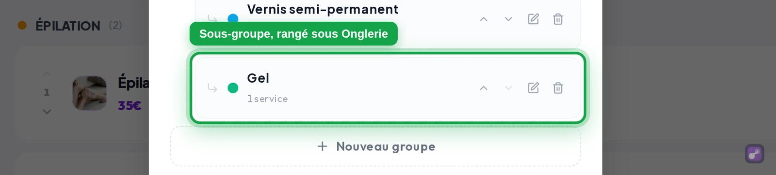 Gros plan sur une ligne de sous-groupe (« Gel ») : elle est décalée vers la droite et précédée d'une flèche ↳, signe qu'elle est rangée sous un groupe principal