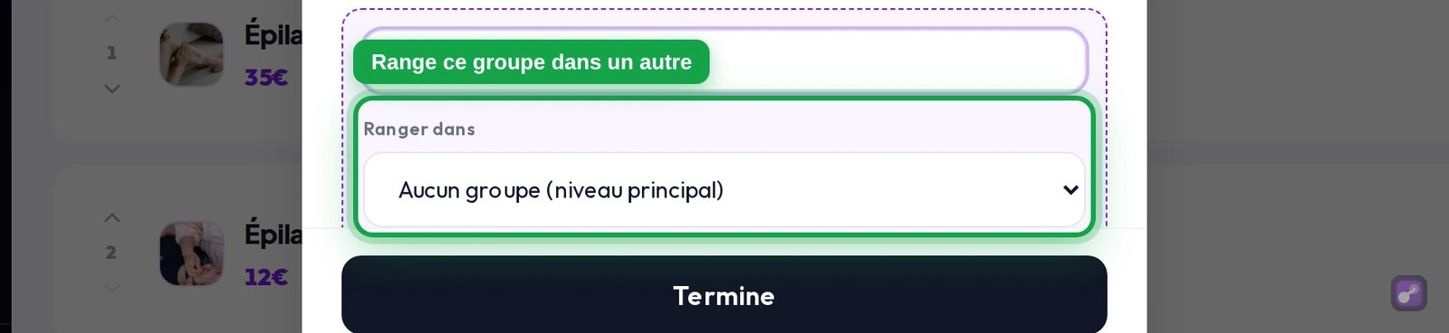Gros plan sur le sélecteur « Ranger dans » : choisis un groupe parent, ou « Aucun groupe (niveau principal) »