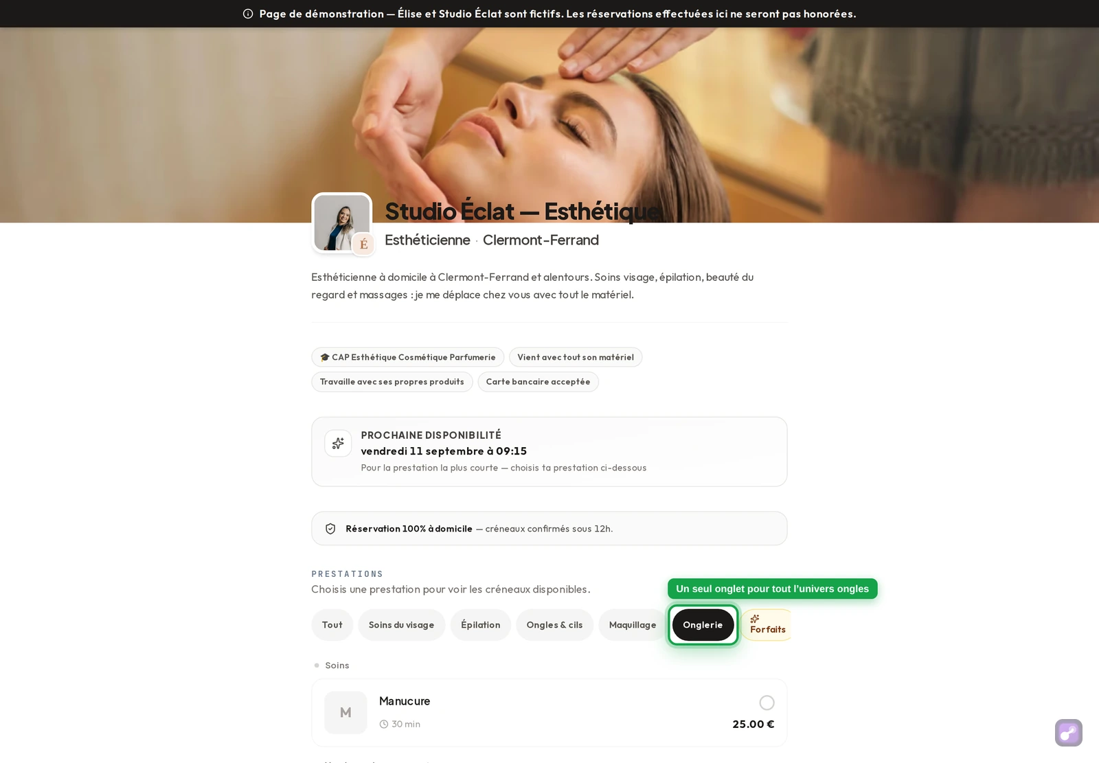 Page de réservation : un seul onglet « Onglerie », qui déplie les sous-sections Soins, Vernis semi-permanent et Gel avec leurs prestations