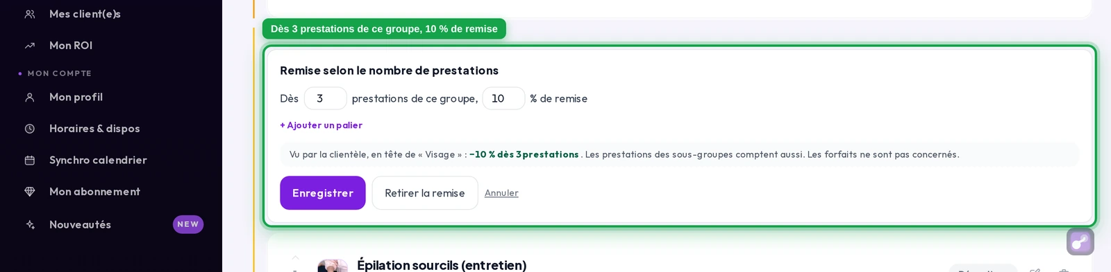Le réglage « Dès 3 prestations de ce groupe, 10 % de remise », en gros plan