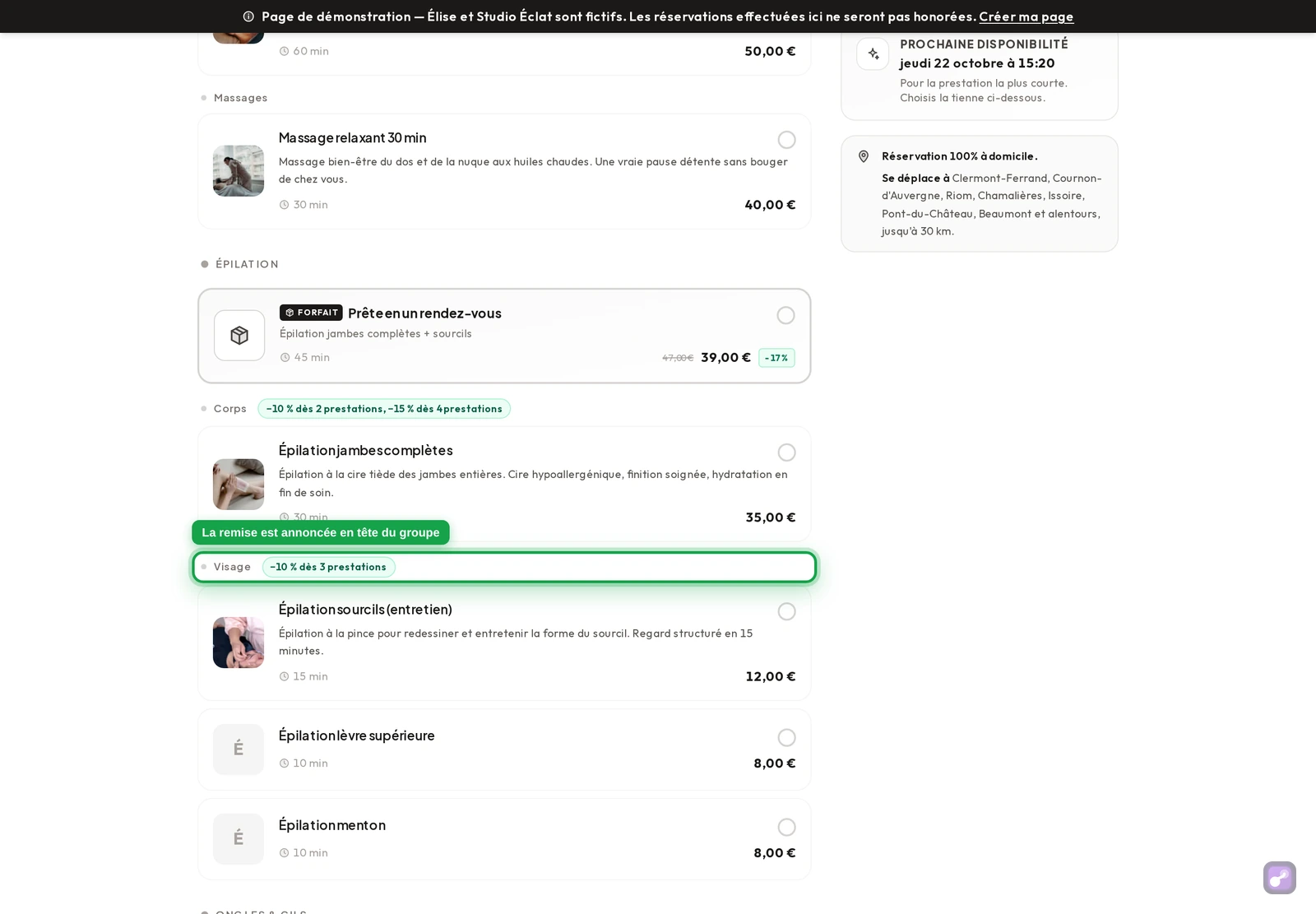 Page de réservation : l'en-tête du groupe Visage avec « −10 % dès 3 prestations »
