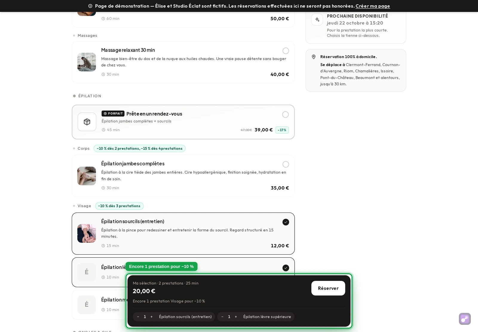 Récapitulatif avec deux zones choisies : « Encore 1 prestation Visage pour −10 % »