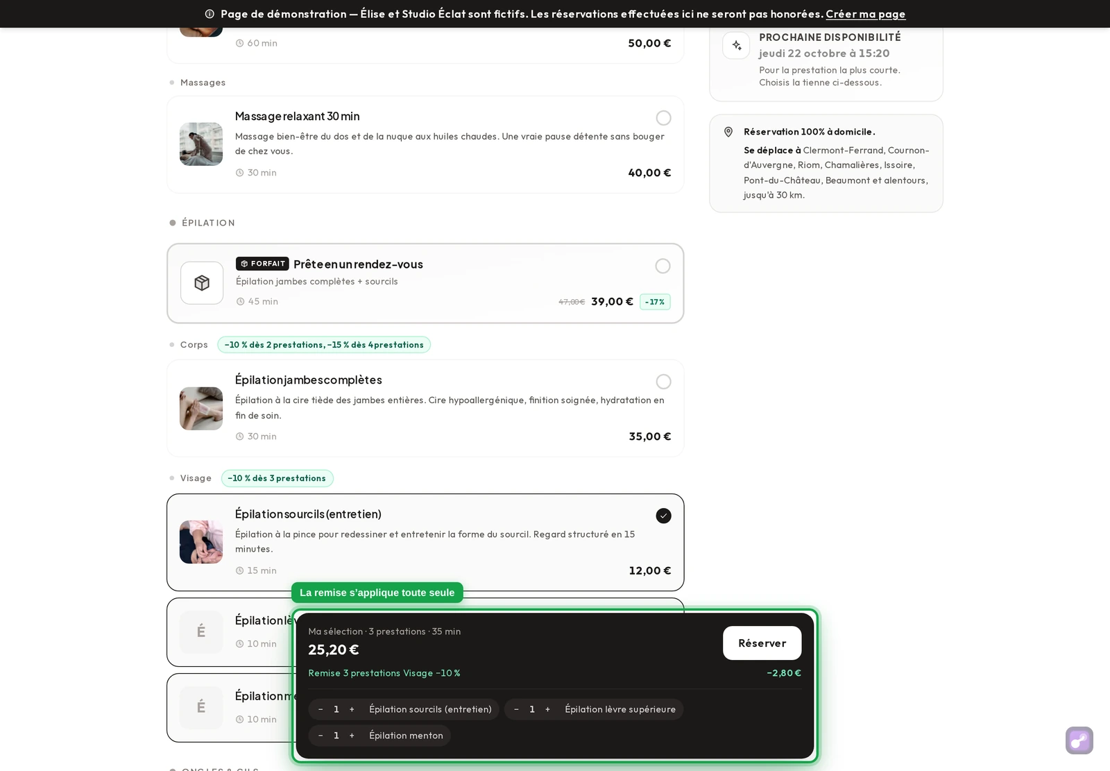 Récapitulatif avec trois zones : la ligne « Remise 3 prestations Visage −10 % : −2,80 € » et le total à 25,20 €