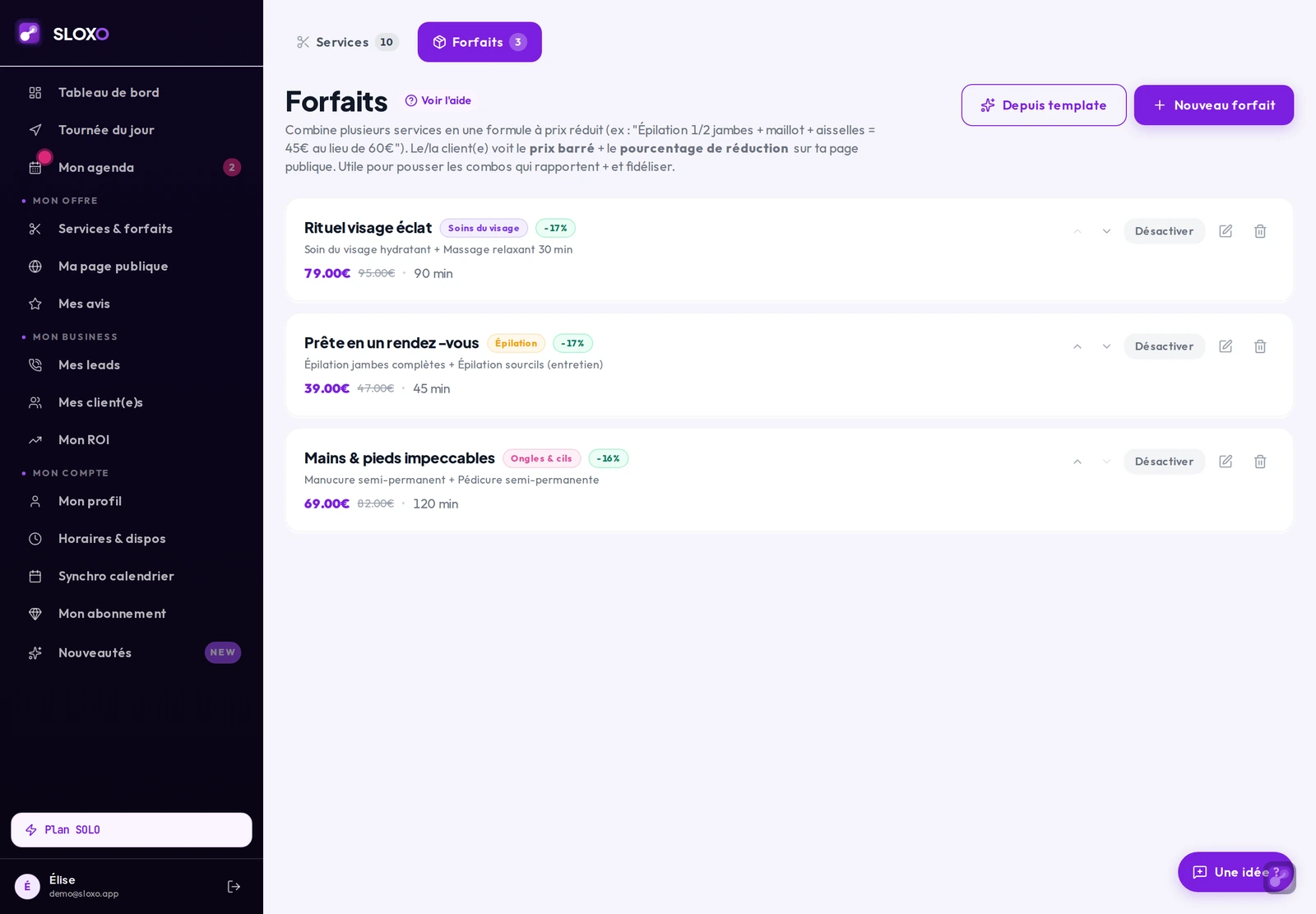La page des forfaits : chaque forfait regroupe plusieurs prestations à un tarif groupé