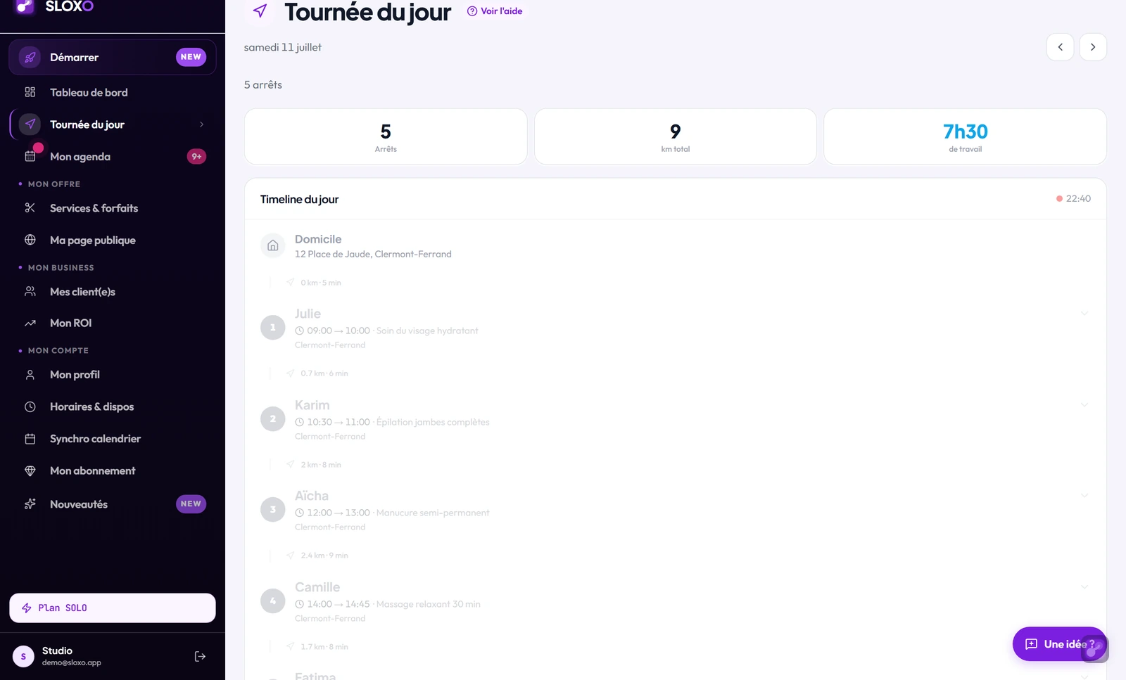 La Tournée du jour : stats du jour (arrêts, km, temps) et timeline des rendez-vous géo-optimisée