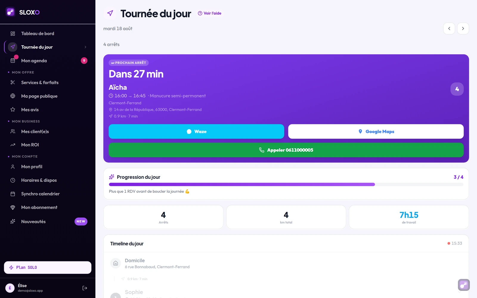 Écran « Tournée du jour » de SLOXO : prochain arrêt dans 27 minutes avec adresse et durée de trajet, progression 3 RDV sur 4, boutons Waze, Google Maps et appel direct