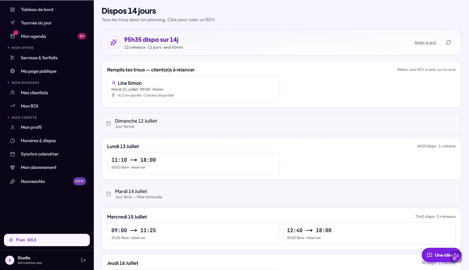 La page Dispos : le total de temps libre sur 14 jours, le bloc client(e)s à relancer et les trous jour par jour