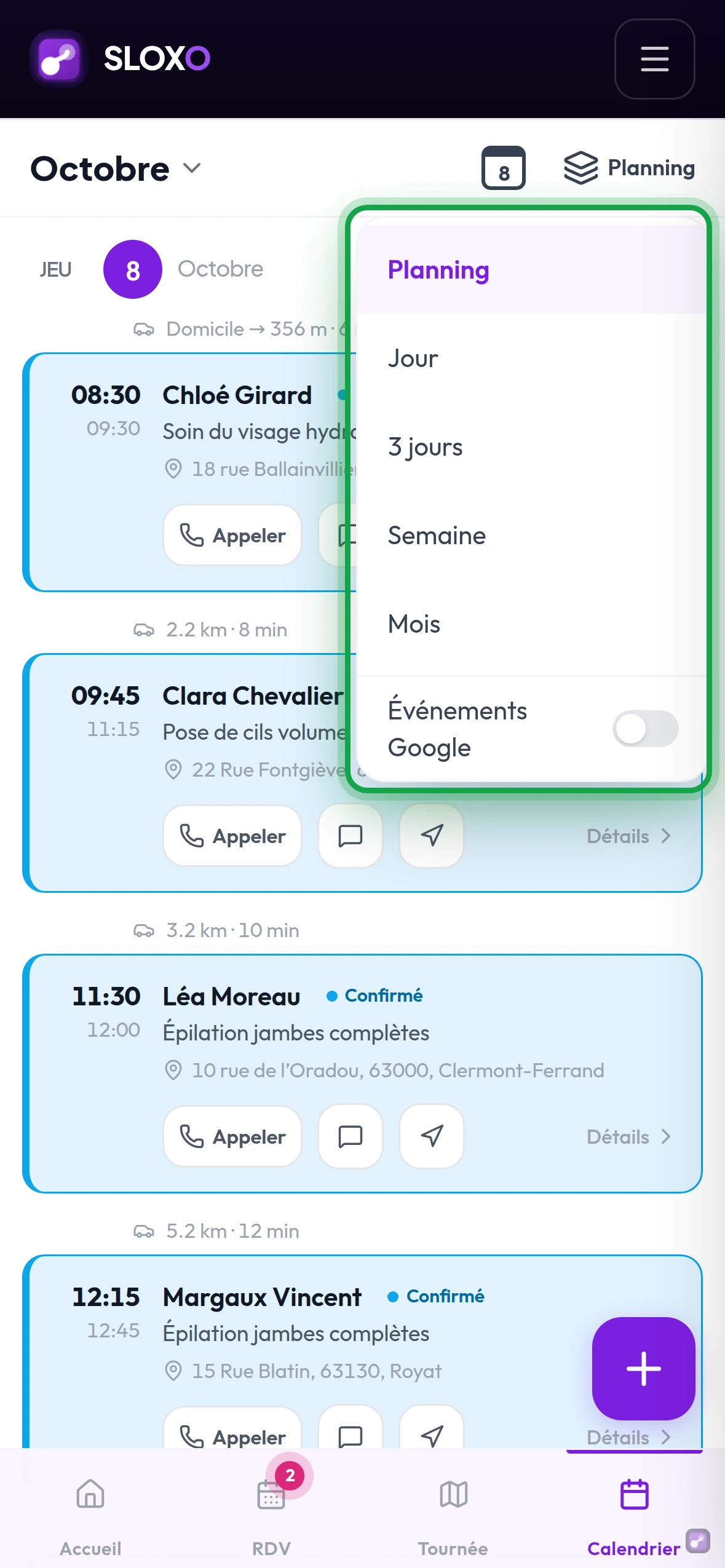 Le menu du Calendrier sur téléphone : Planning, Jour, 3 jours, Semaine, Mois, et l'interrupteur Événements Google