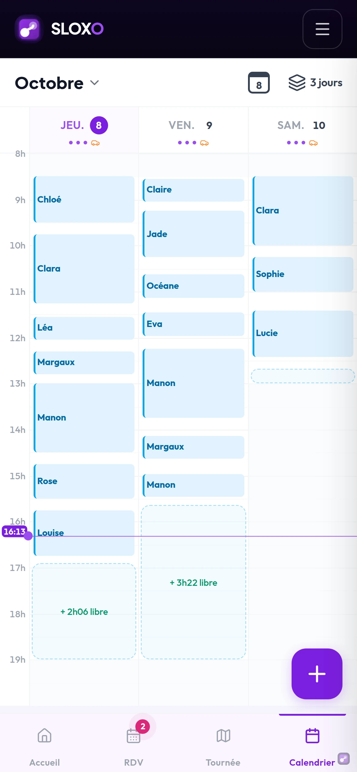 La vue 3 jours : trois colonnes (jeudi, vendredi, samedi) avec le prénom de chaque RDV et les créneaux encore libres