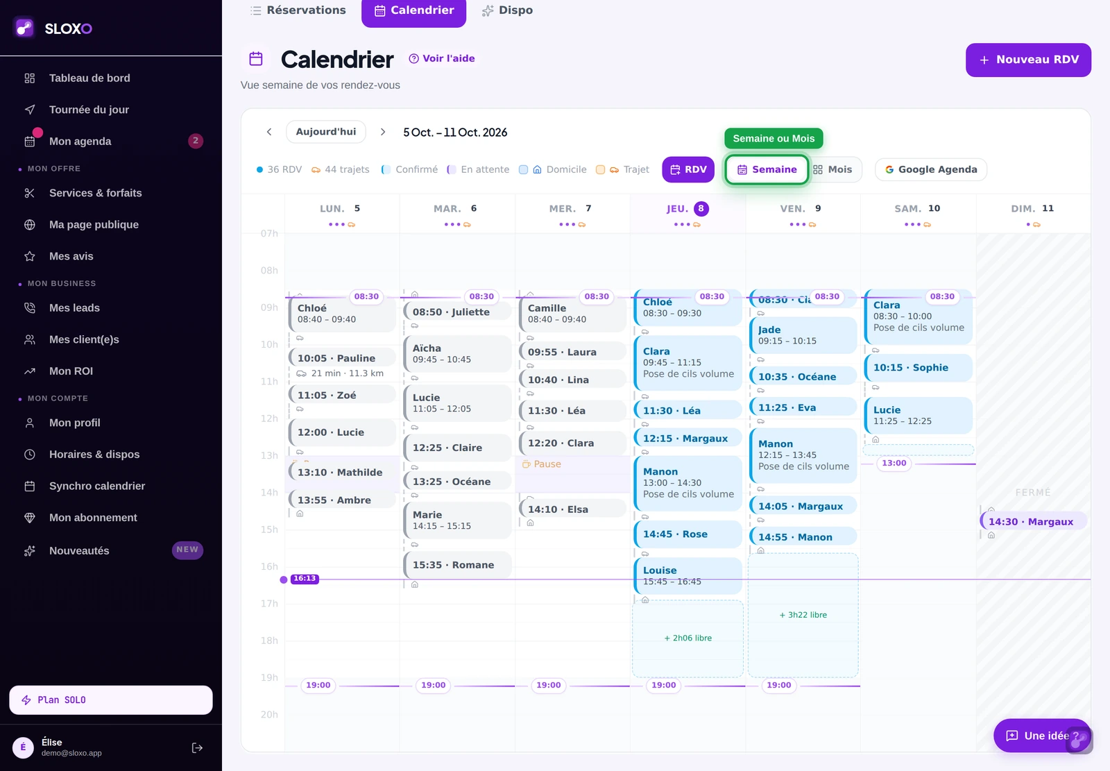 Le Calendrier sur ordinateur : la semaine en 7 colonnes, le sélecteur Semaine ou Mois encadré