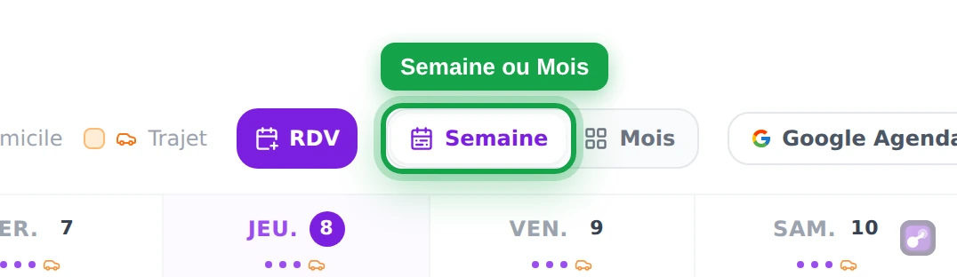 Gros plan sur le sélecteur Semaine ou Mois du Calendrier sur ordinateur